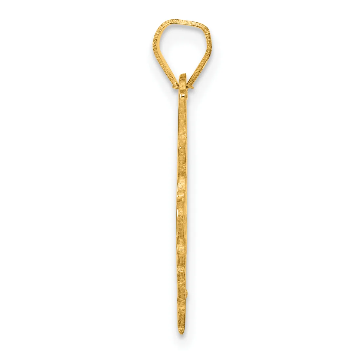 A gold teardrop-shaped pendant with a long stem, displayed vertically against a white background.