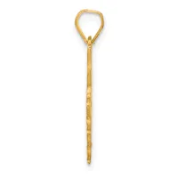 A gold teardrop-shaped pendant with a long stem, displayed vertically against a white background.