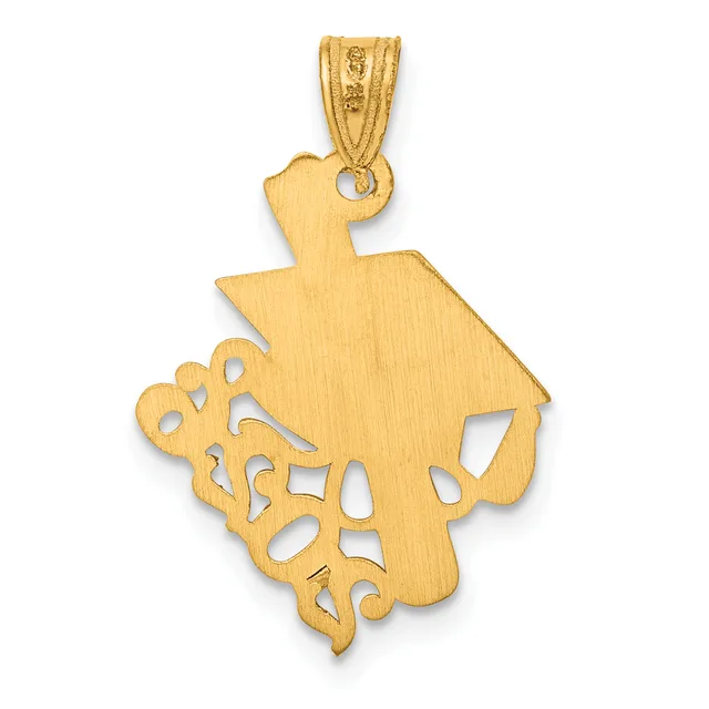 Gold pendant shaped like a horse's head with decorative cutout details on the lower portion and a small loop at the top for hanging.