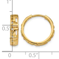 Pair of gold-colored hoop earrings with textured surface and hinged closure, shown from front and side view with measurement scale.