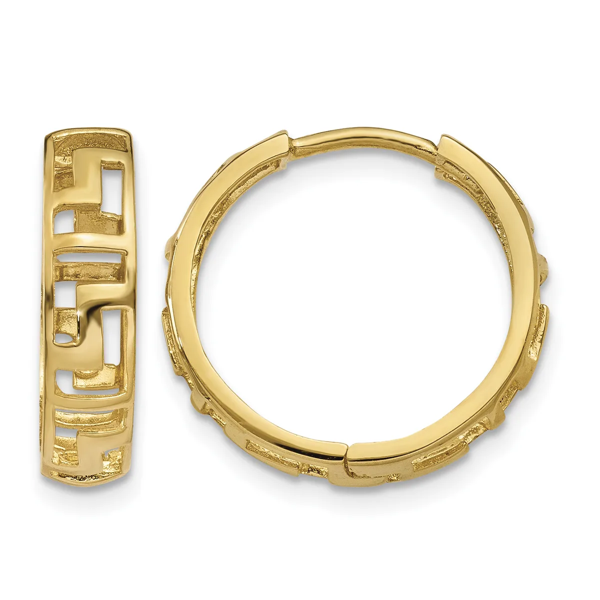 Pair of gold hinge-back hoop earrings with geometric cutout pattern shown from front and side views.