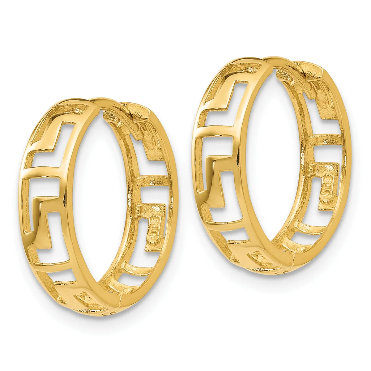 Pair of gold hoop earrings with an open geometric Greek key pattern design, shown against a white background.