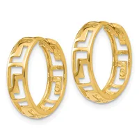 Pair of gold hoop earrings with an open geometric Greek key pattern design, shown against a white background.