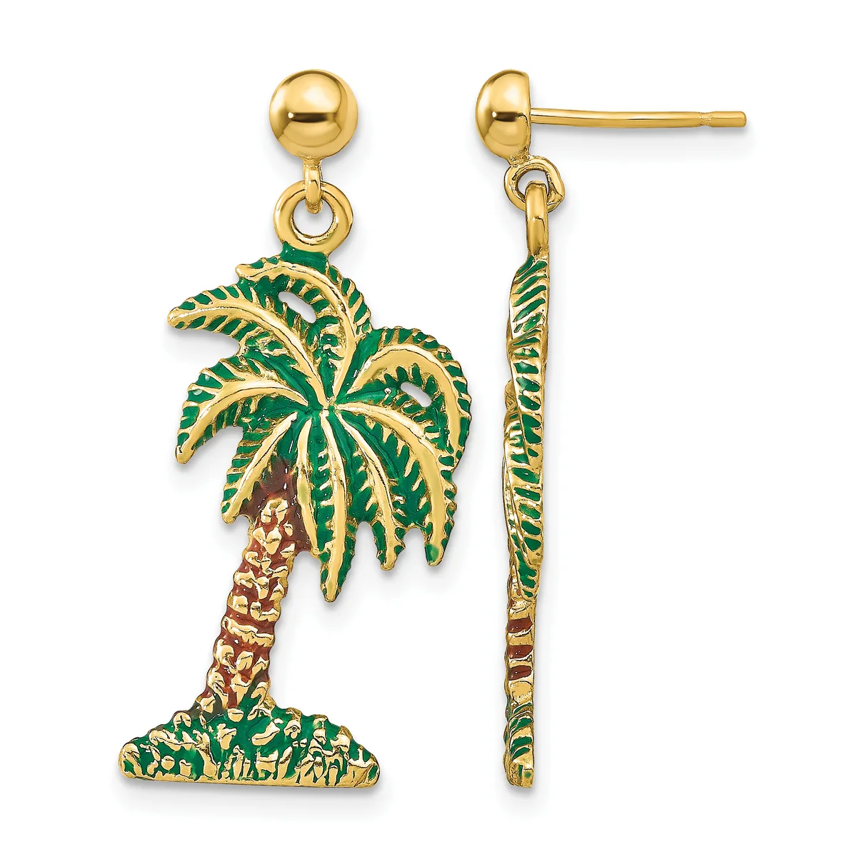 Pair of gold-plated palm tree drop earrings with green and tan enamel detailing, shown from front and back views.