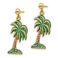 A pair of gold dangle earrings shaped like palm trees with green enamel fronds and brown enamel trunks, displayed side by side.