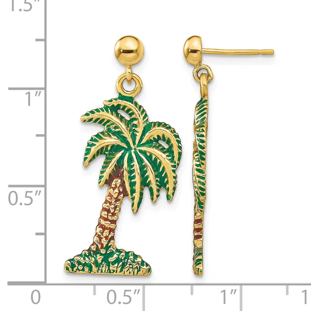 A pair of gold-colored stud earrings with green and brown enamel palm tree charms, shown front and back against a measurement scale.