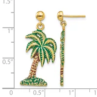 A pair of gold-colored stud earrings with green and brown enamel palm tree charms, shown front and back against a measurement scale.