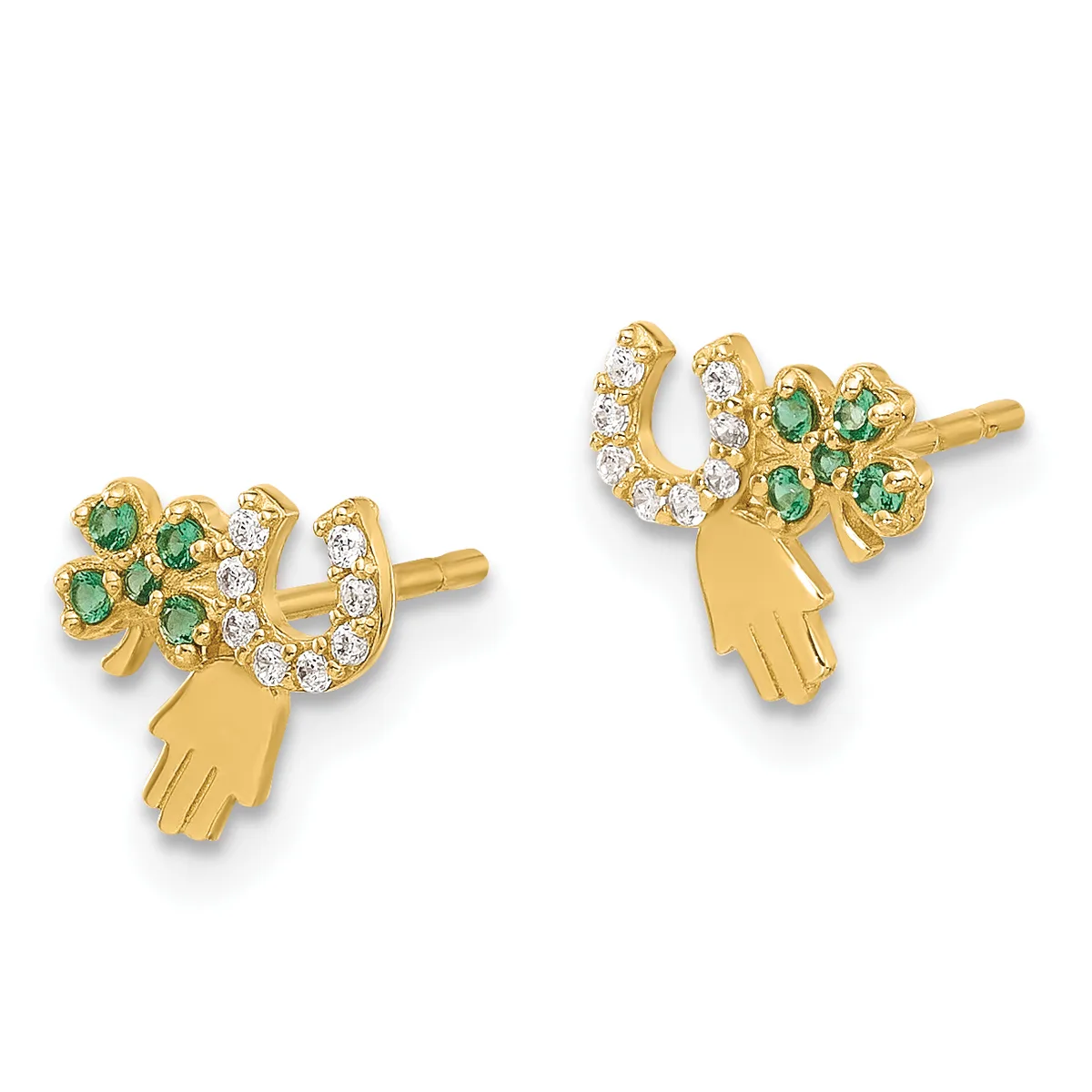Pair of gold stud earrings featuring horseshoe and four-leaf clover designs with green gemstones and diamond accents, each with a dangling hand charm.