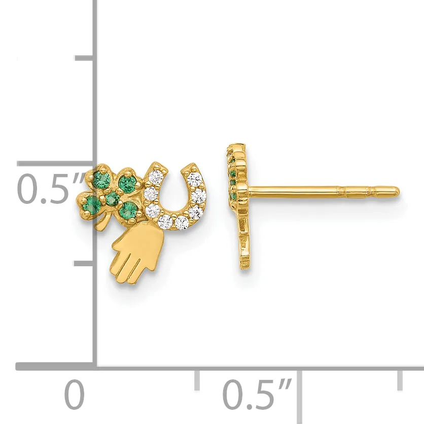 Gold stud earrings shaped like hamsa hands with green and white cubic zirconia stones, shown next to a ruler indicating approximately 0.5 inch height.