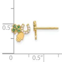 Gold stud earrings shaped like hamsa hands with green and white cubic zirconia stones, shown next to a ruler indicating approximately 0.5 inch height.