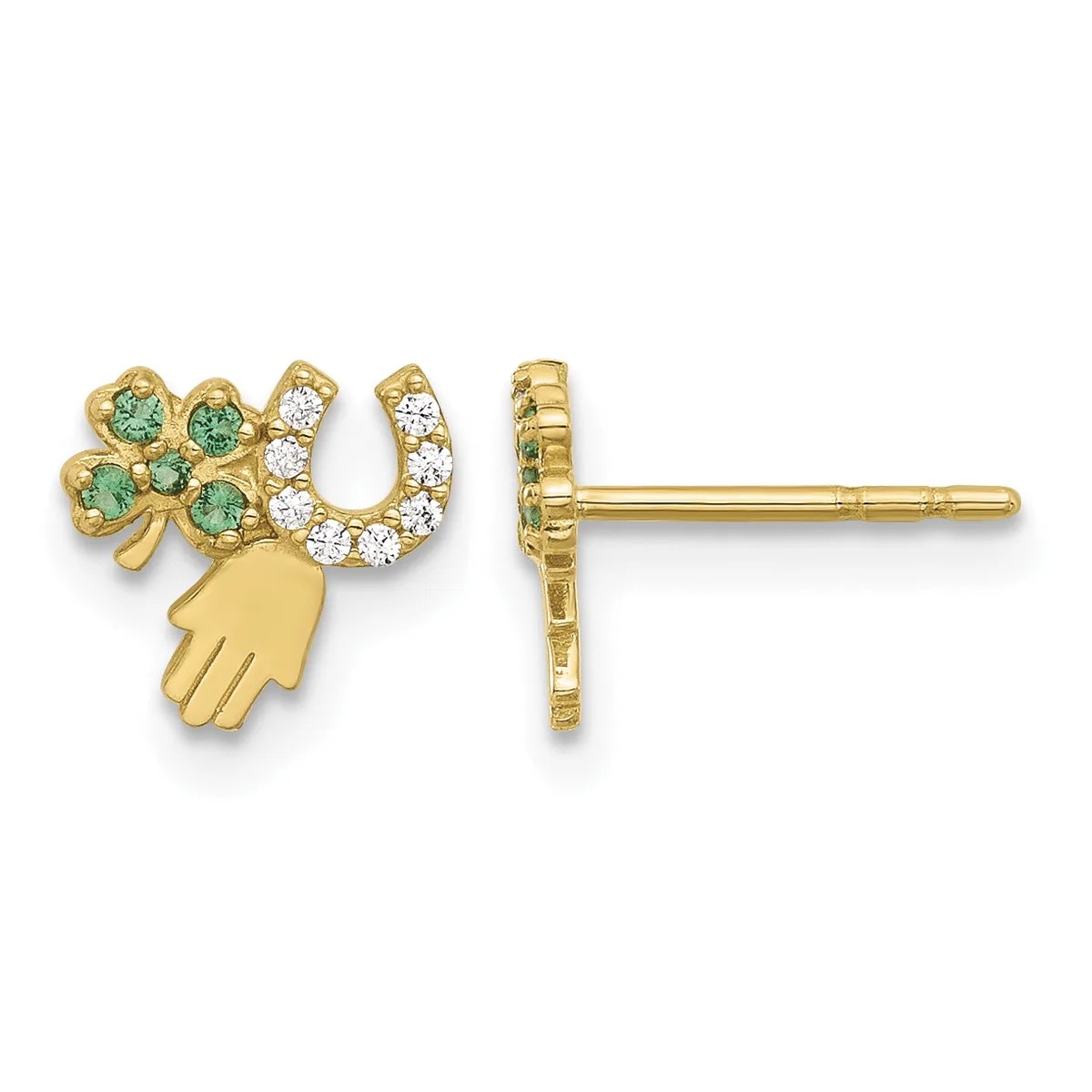Pair of gold stud earrings featuring a horseshoe and four-leaf clover design with green and white gemstones and a hamsa hand charm, shown from front and back views.