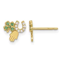 Pair of gold stud earrings featuring a horseshoe and four-leaf clover design with green and white gemstones and a hamsa hand charm, shown from front and back views.
