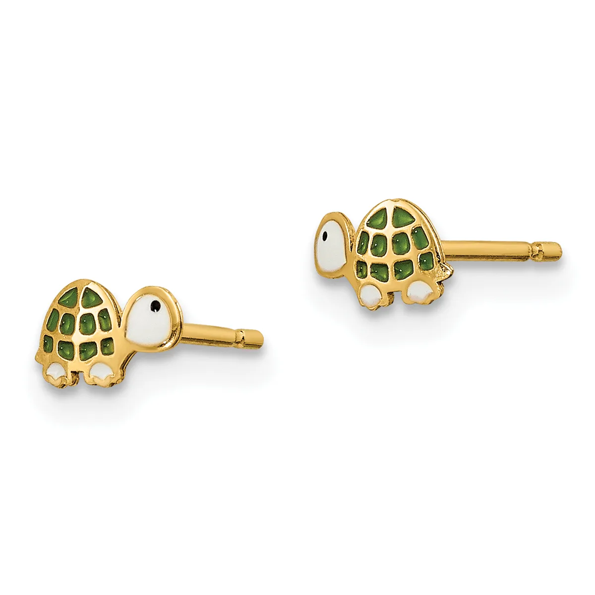 A pair of gold stud earrings shaped like turtles with green enamel shells and white enamel eyes, shown from front and side views.