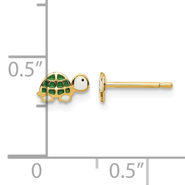 Gold turtle stud earrings with green enamel shell detail, shown next to a ruler indicating approximately 0.5 inches in length.