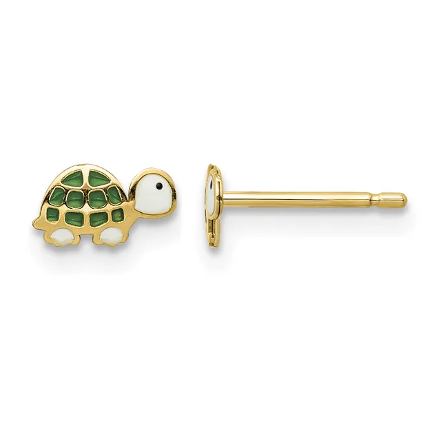 Gold stud earrings shaped like turtles with green enamel shells, white enamel feet and bellies, and black enamel eyes, shown from front and side views.