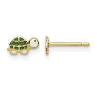 Gold stud earrings shaped like turtles with green enamel shells, white enamel feet and bellies, and black enamel eyes, shown from front and side views.