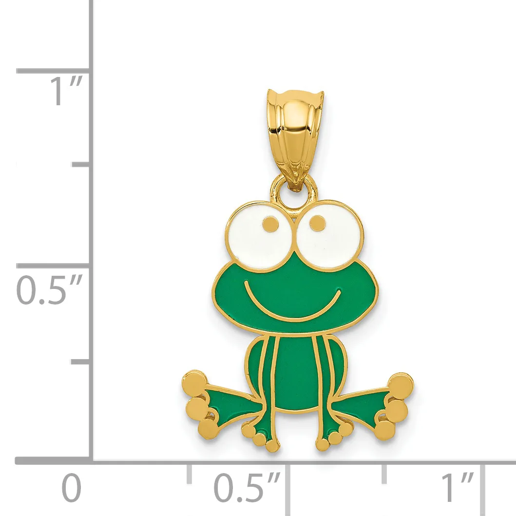 A gold charm pendant depicting a smiling green enamel frog with white eyes and gold feet, displayed against a measurement scale.