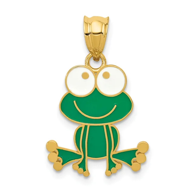 Gold pendant featuring a green enamel frog with white enamel eyes, gold dot pupils, a curved smile, and gold bead details on its legs and feet.