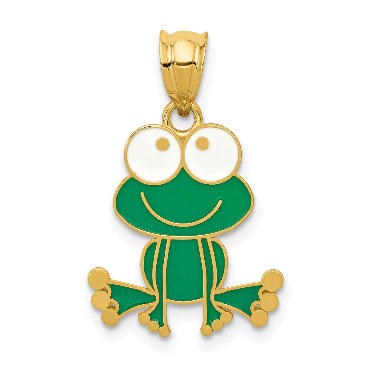 Gold pendant featuring a green enamel frog with white enamel eyes, gold dot pupils, a curved smile, and gold bead details on its legs and feet.