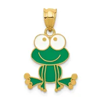 Gold pendant featuring a green enamel frog with white enamel eyes, gold dot pupils, a curved smile, and gold bead details on its legs and feet.