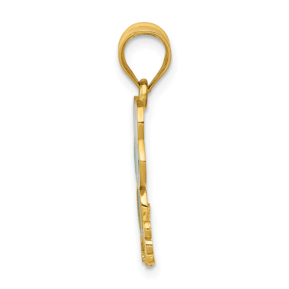 A gold pendant with a loop at the top and a rectangular striped section below, shown against a white background.