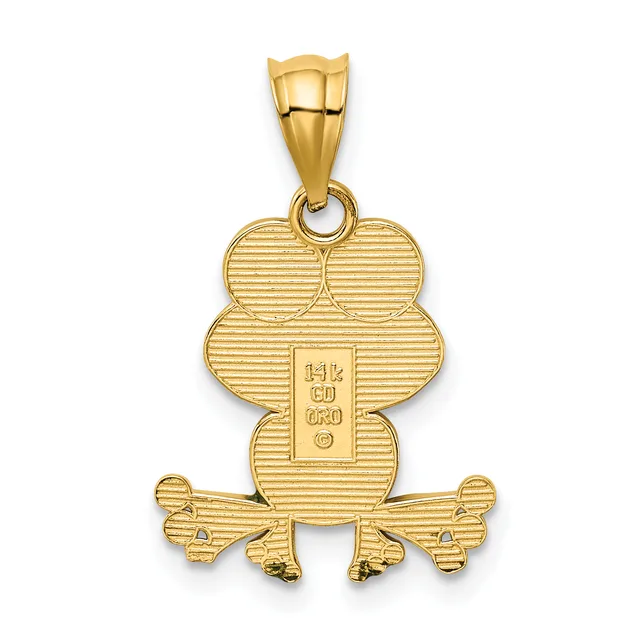 A gold frog-shaped pendant with textured horizontal lines throughout, featuring two circular elements at the top, a rectangular body with a small stamped hallmark, and four articulated legs extending downward.
