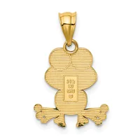 A gold frog-shaped pendant with textured horizontal lines throughout, featuring two circular elements at the top, a rectangular body with a small stamped hallmark, and four articulated legs extending downward.