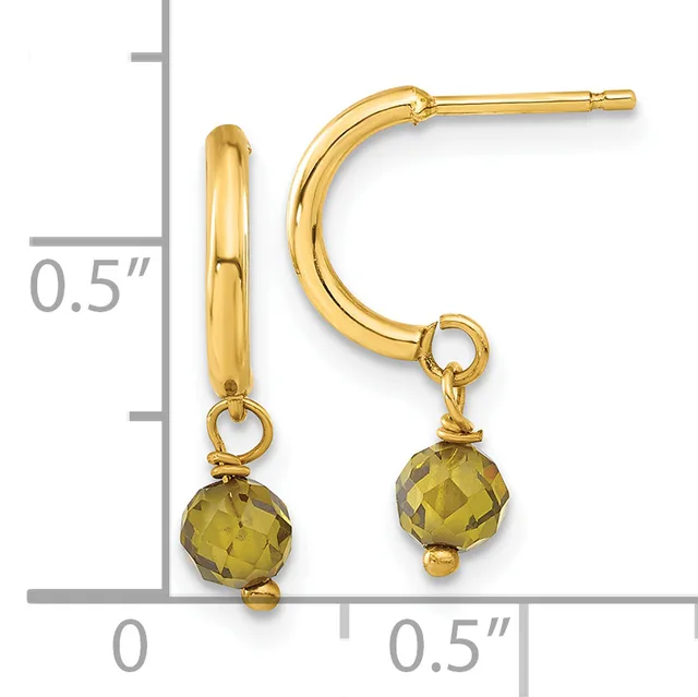 Gold-tone hoop earrings with olive-green faceted stone drops, displayed against a measurement scale showing approximately 0.5 inches in height.