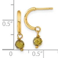 Gold-tone hoop earrings with olive-green faceted stone drops, displayed against a measurement scale showing approximately 0.5 inches in height.