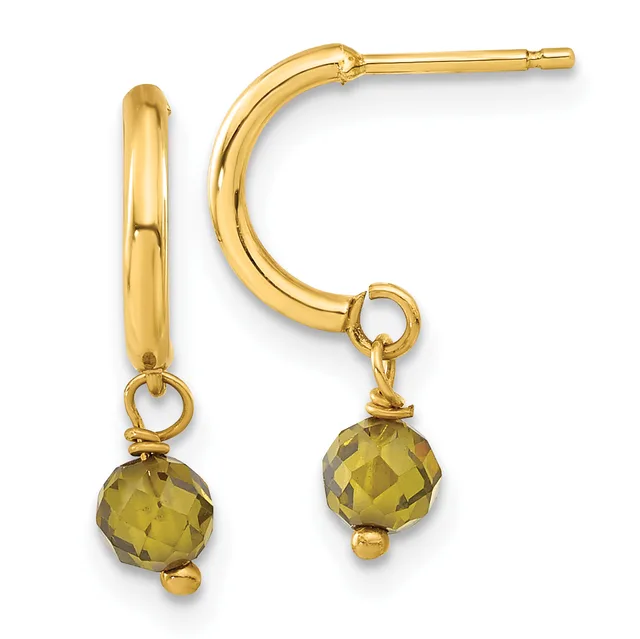 Pair of gold hoop earrings with faceted olive-green gemstone drops attached to small rings, shown from front and side view against a white background.