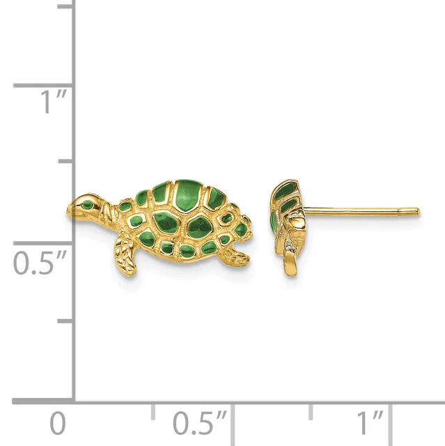 A pair of gold turtle stud earrings with green enamel shells, shown next to a measurement ruler indicating approximately half an inch in length.