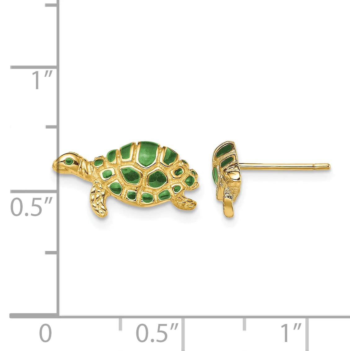 A pair of gold turtle stud earrings with green enamel shells, shown next to a measurement ruler indicating approximately half an inch in length.