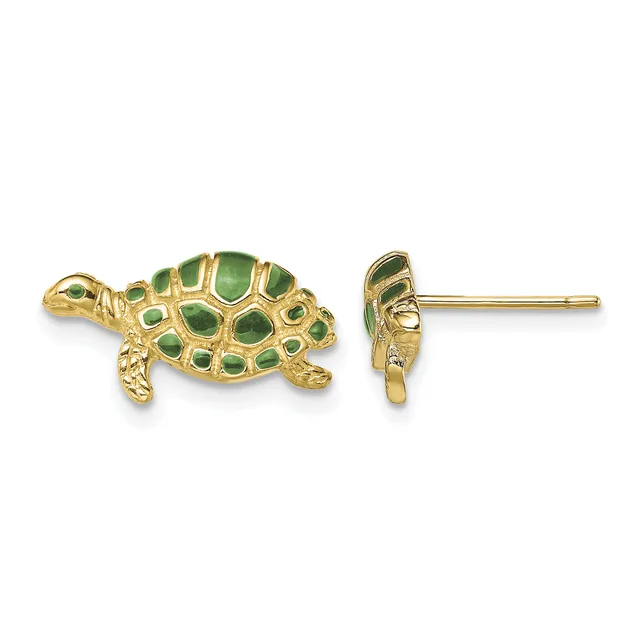 A pair of gold turtle stud earrings with green inlaid stone shells, shown from front and back views.