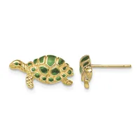 A pair of gold turtle stud earrings with green inlaid stone shells, shown from front and back views.