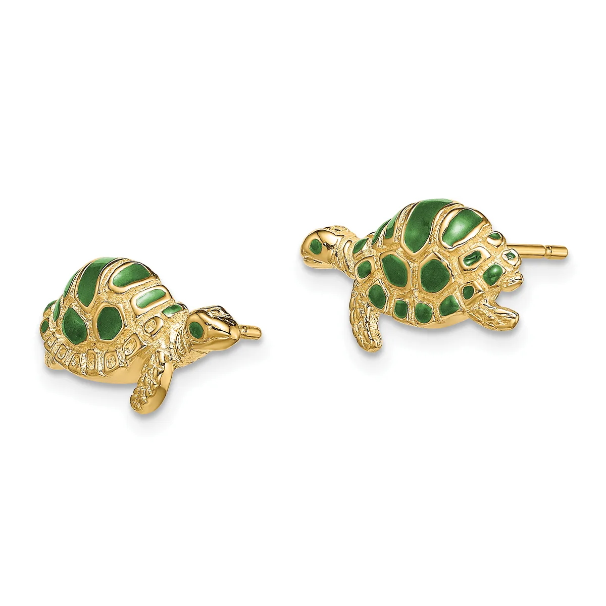 A pair of gold turtle stud earrings with green enamel shells and detailed gold bodies, shown from two angles.
