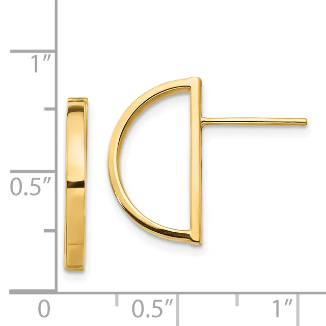 A pair of polished gold semi-circular post earrings displayed against a measurement scale showing they are approximately one inch wide and half an inch tall.