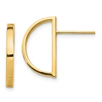 Pair of gold hoop earrings with a polished finish, one showing a curved D-shape design and the other a flat rectangular bar, displayed against a white background.
