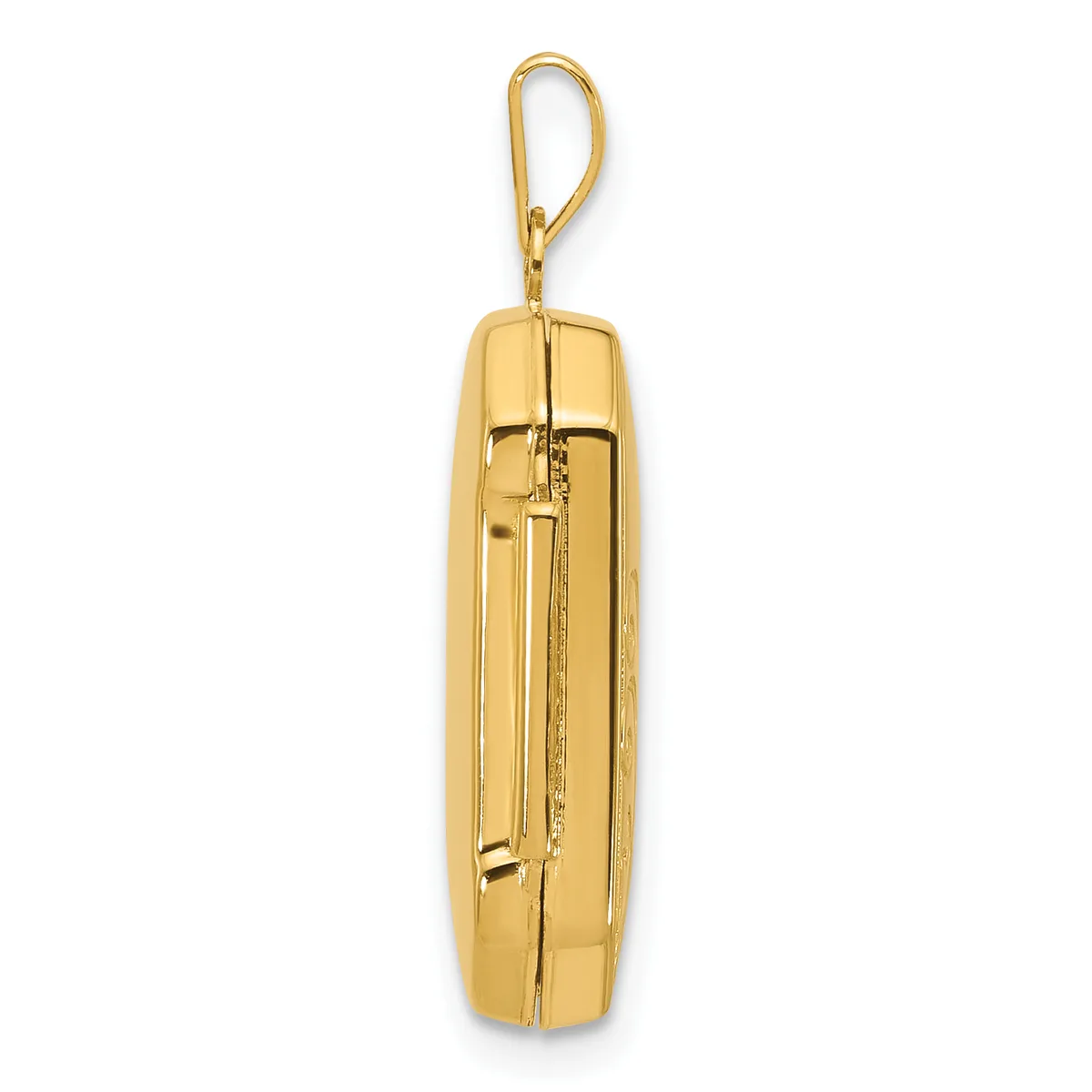 A gold-toned cylindrical pendant with a zipper closure and rectangular window detail, suspended from a gold-toned bail.