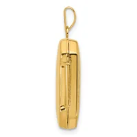 A gold-toned cylindrical pendant with a zipper closure and rectangular window detail, suspended from a gold-toned bail.