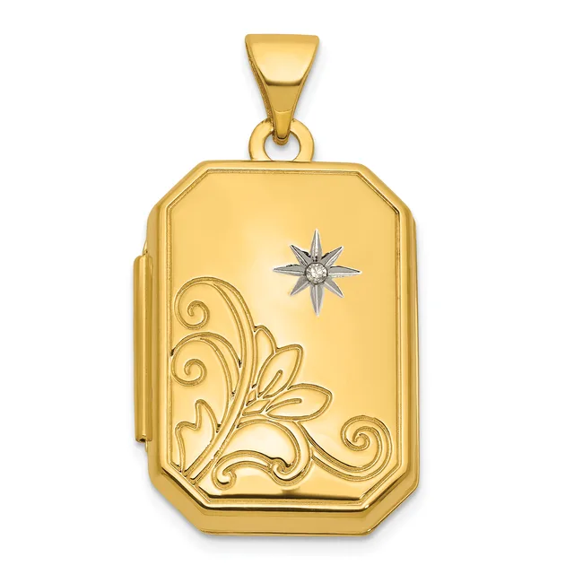 Gold rectangular locket pendant with decorative floral scrollwork on the lower left and a small silver star design in the upper right corner.