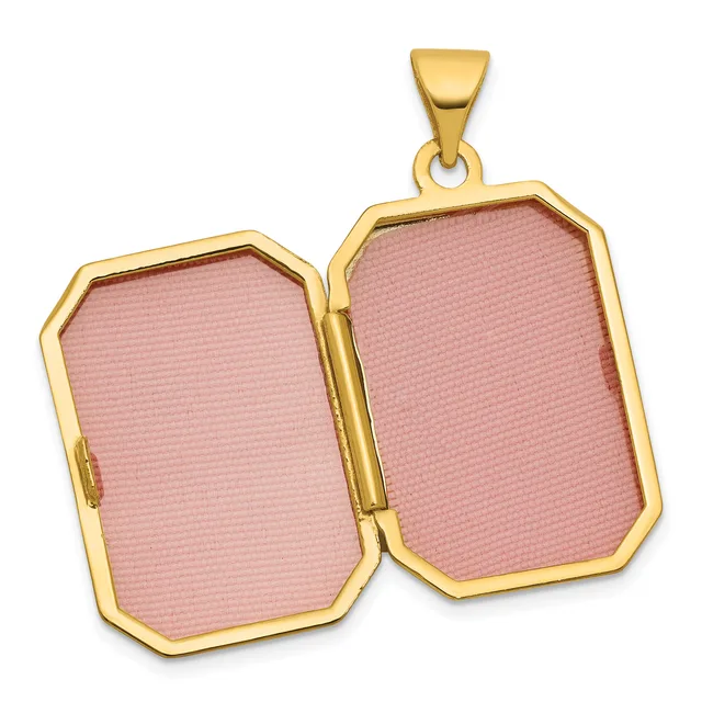 Gold-toned locket pendant with two rectangular pink enamel panels hinged together, shown open.