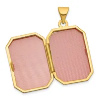Gold-toned locket pendant with two rectangular pink enamel panels hinged together, shown open.