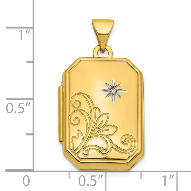 Gold-toned rectangular locket pendant with decorative scrollwork on the lower left, a star accent, and a measurement scale showing approximately one inch in height.