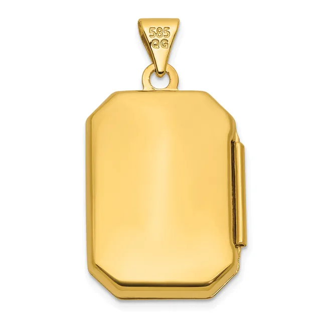 A polished gold rectangular locket pendant with rounded corners and a small hinged clasp on the side, suspended from a gold bail with a small stamped hallmark.