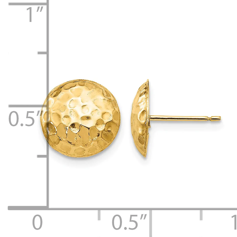 Gold hammered dome stud earrings shown front and side view with measurement scale indicating approximately half-inch diameter.
