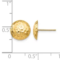Gold hammered dome stud earrings shown front and side view with measurement scale indicating approximately half-inch diameter.