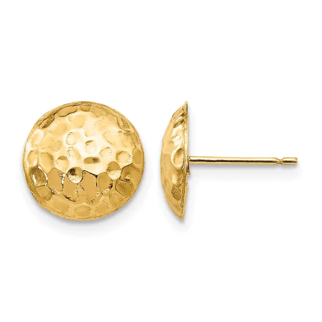 Pair of gold-colored round stud earrings with hammered textured finish, shown from front and side view with posts and backs.