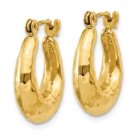 A pair of polished gold-colored chunky oval hoop earrings with curved posts and backs, shown against a white background.