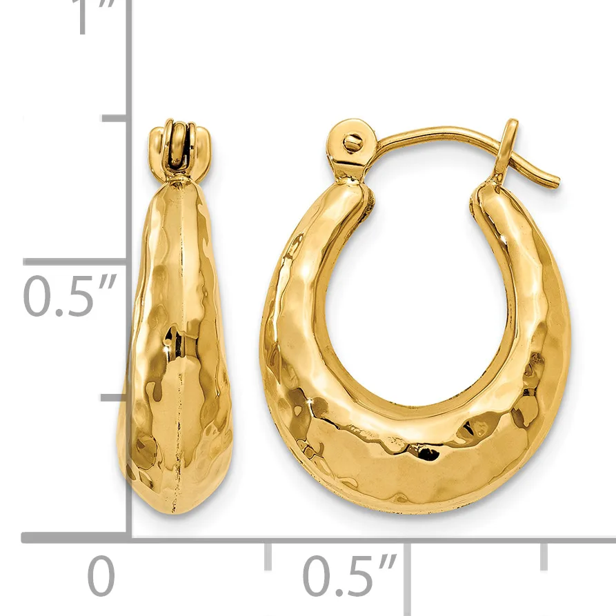 Pair of gold-colored textured hoop earrings with post and clutch closures, shown next to a ruler indicating approximately half-inch dimensions.