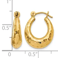 Pair of gold-colored textured hoop earrings with post and clutch closures, shown next to a ruler indicating approximately half-inch dimensions.